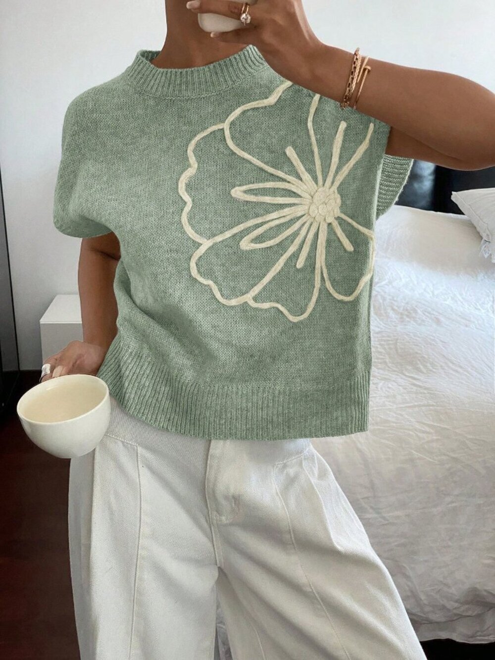 Knitted Short Sleeve Crew Neck Women's Casual Top